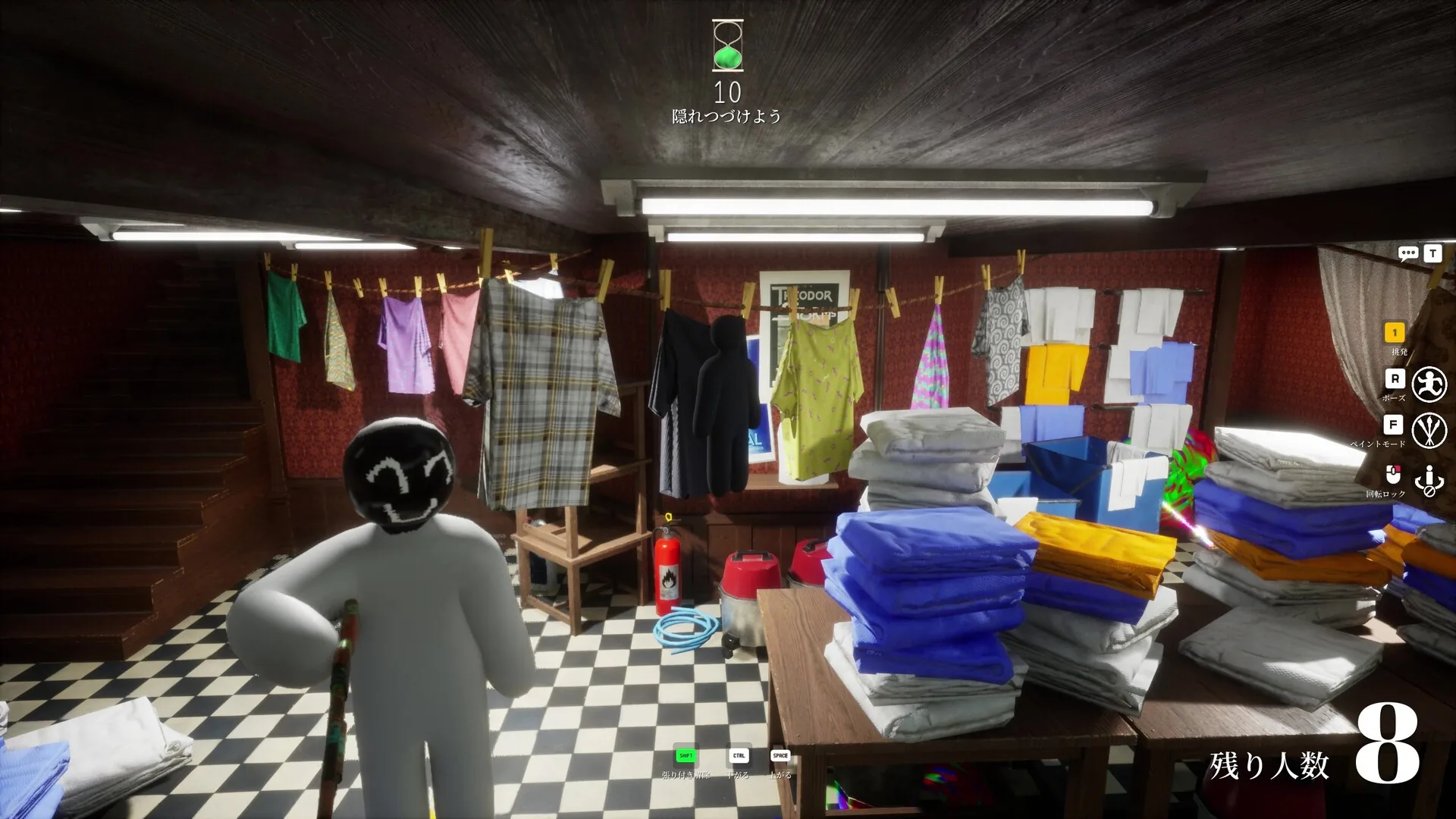 Seekers searching a classroom-themed stage for hidden players — MECCHA CHAMELEON hide-and-seek gameplay on Steam